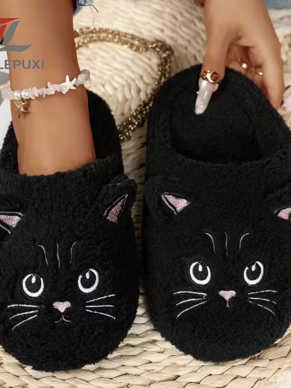 Halloween Goth Black Cat-Themed Soft Sole Slip-On Slippers Color Black Sz 7.5-8